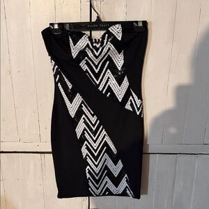 Ellen Tracy Strapless Dress with Black and White Chevron